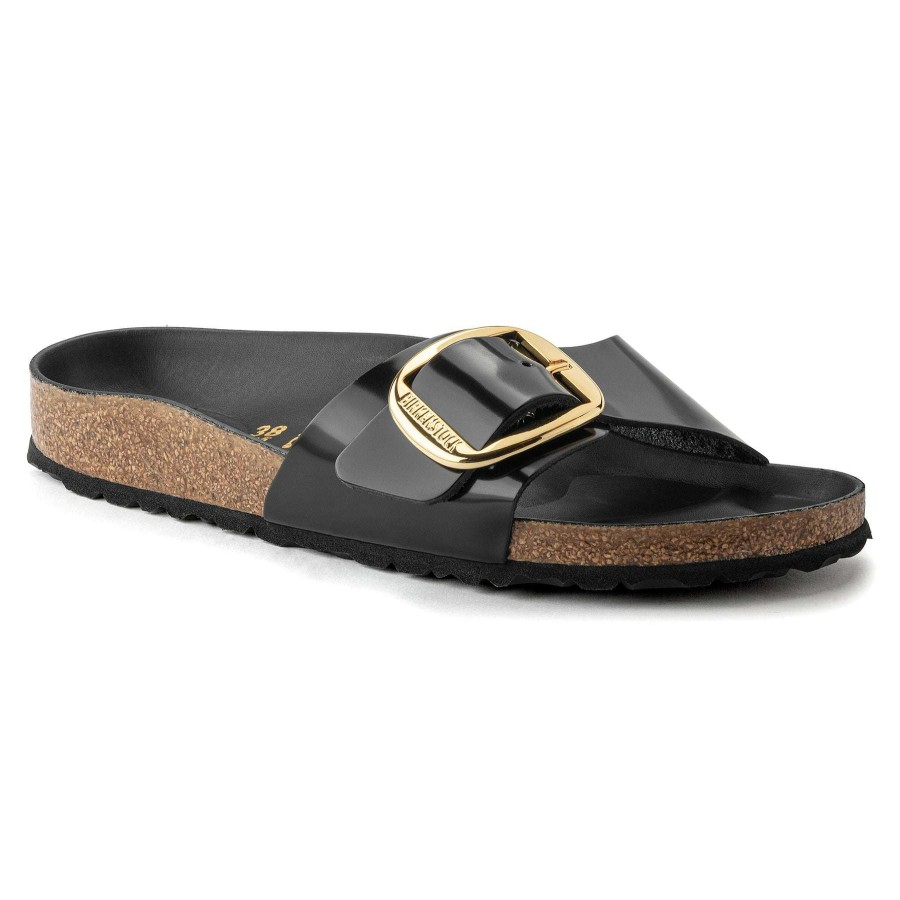 Women * | Madrid Natural Leather Big Buckle Sandals For Women Birkenstock Quick Delivery High Shine Black