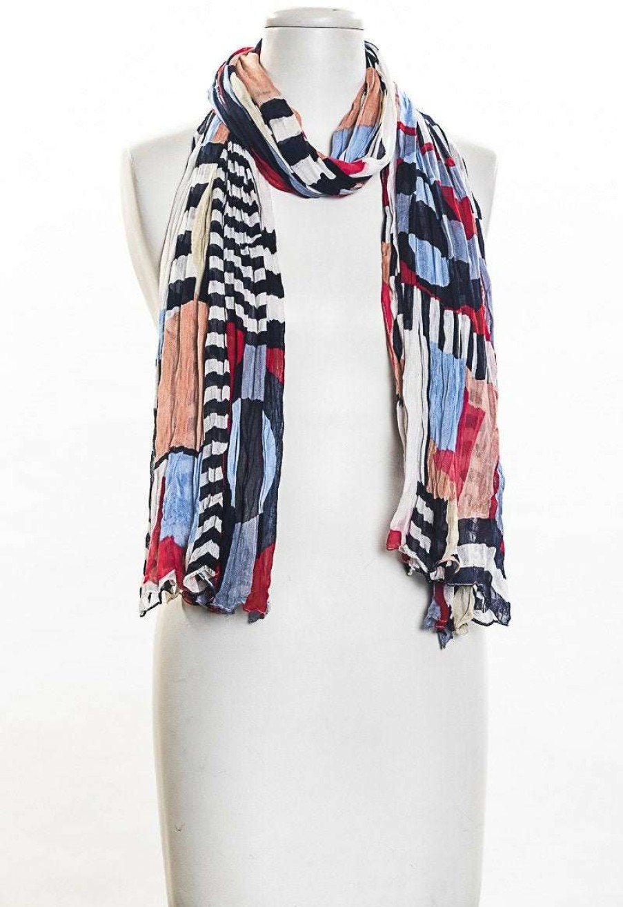 Women * | Stripes With Color Patch Scarf For Women Vsa Hot Selling Blue